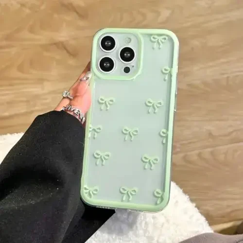 EYZUTAK Case for iPhone 15 Pro Max, Clear Cute Ribbon Bowknot Pattern Aesthetic Transparent Phone Case Raised Camera Protection Stylish Slim Soft Durable TPU Protective Cover for Women Girls - Green 