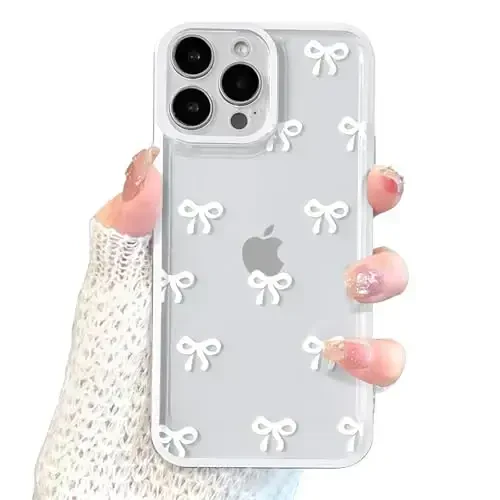 EYZUTAK Case for iPhone 15 Pro Max, Clear Cute Ribbon Bowknot Pattern Aesthetic Transparent Phone Case Raised Camera Protection Stylish Slim Soft Durable TPU Protective Cover for Women Girls - White 