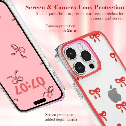 EYZUTAK Case for iPhone 15 Pro Max, Clear Cute Ribbon Bowknot Pattern Aesthetic Transparent Phone Case Raised Camera Protection Stylish Slim Soft Durable TPU Protective Cover for Women Girls - Red - 2