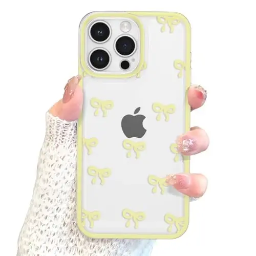 EYZUTAK Case for iPhone 15 Pro Max, Clear Cute Ribbon Bowknot Pattern Aesthetic Transparent Phone Case Raised Camera Protection Stylish Slim Soft Durable TPU Protective Cover for Women Girls - Yellow - 4