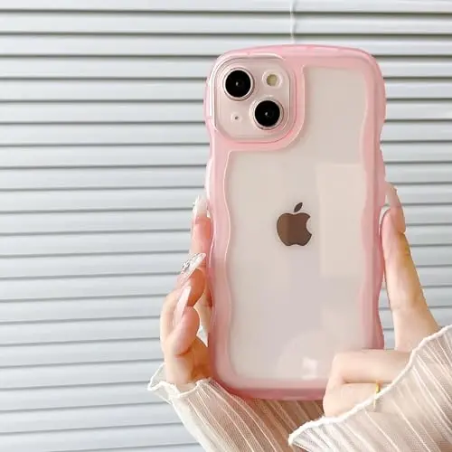 FABSPARK Phone Case for iPhone 15 Pro Max Case,Transparent Clear Solid Color Curly Wave Frame Soft Silicone Shockproof Protective TPU Cover for iPhone 15 Pro Max,Pink - 1