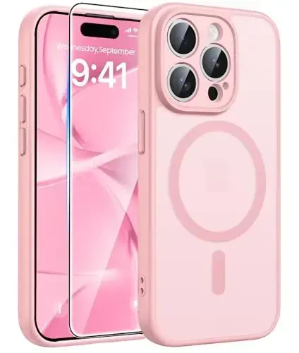 FNTCASE for iPhone 15 Pro Max Case: [Compatible with Magsafe] Translucent Matte Cases with [Full Camera Protection] [Screen Protector] Military Grade Shockproof Protective Phone Cover - Light Pink - 1