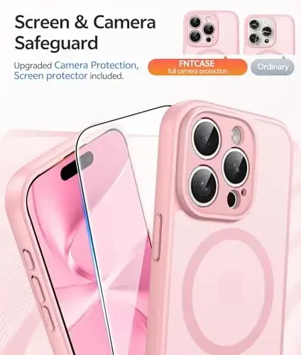 FNTCASE for iPhone 15 Pro Max Case: [Compatible with Magsafe] Translucent Matte Cases with [Full Camera Protection] [Screen Protector] Military Grade Shockproof Protective Phone Cover - Light Pink - 4