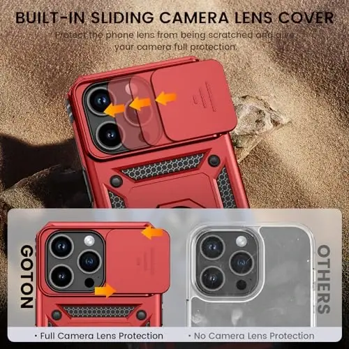 Goton for iPhone 15 Pro Max Case with Screen Protector - Slide Camera Cover Protective Phone Case with Ring Stand, Heavy Duty Shockproof Rugged Bumper for iPhone 15 Promax Accessories Red - 3