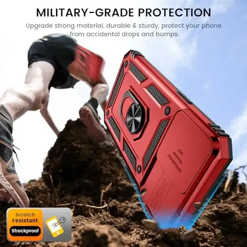 Goton for iPhone 15 Pro Max Case with Screen Protector - Slide Camera Cover Protective Phone Case with Ring Stand, Heavy Duty Shockproof Rugged Bumper for iPhone 15 Promax Accessories Red - 5