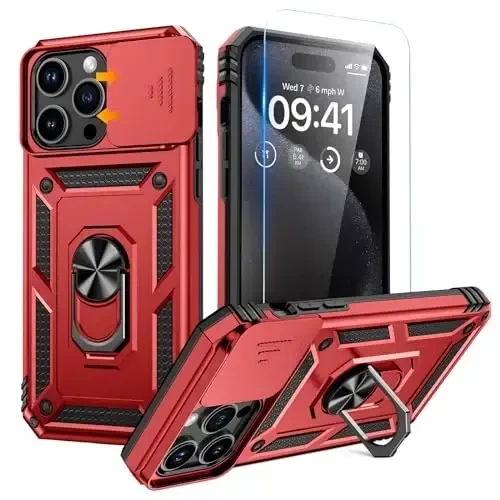 Goton for iPhone 15 Pro Max Case with Screen Protector - Slide Camera Cover Protective Phone Case with Ring Stand, Heavy Duty Shockproof Rugged Bumper for iPhone 15 Promax Accessories Red - GOTON
