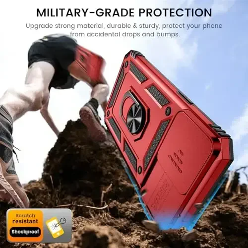 Goton for iPhone 15 Pro Max Case with Screen Protector - Slide Camera Cover Protective Phone Case with Ring Stand, Heavy Duty Shockproof Rugged Bumper for iPhone 15 Promax Accessories Red - 5