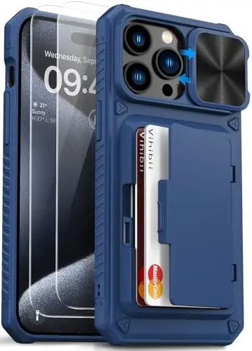 Vihibii for iPhone 15 Pro Max Case with Card Holder (4 Cards), Built-in 2X Tempered Glass Screen Protector & Slide Camera Cover & Kickstand, Military Grade Drop Protection, Rugged Wallet Case, Blue 