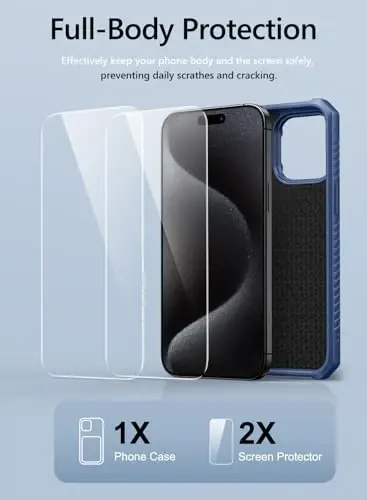 Vihibii for iPhone 15 Pro Max Case with Card Holder (4 Cards), Built-in 2X Tempered Glass Screen Protector & Slide Camera Cover & Kickstand, Military Grade Drop Protection, Rugged Wallet Case, Blue - VIHIBII (1)