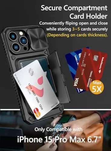 Vihibii for iPhone 15 Pro Max Case with Card Holder (4 Cards), Built-in 2X Tempered Glass Screen Protector & Slide Camera Cover & Kickstand, Military Grade Drop Protection, Rugged Wallet Case, Black - 4