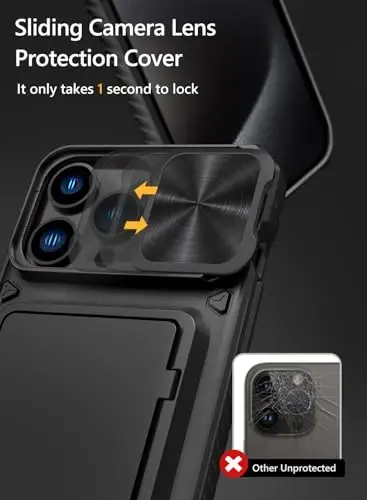 Vihibii for iPhone 15 Pro Max Case with Card Holder (4 Cards), Built-in 2X Tempered Glass Screen Protector & Slide Camera Cover & Kickstand, Military Grade Drop Protection, Rugged Wallet Case, Black - 5