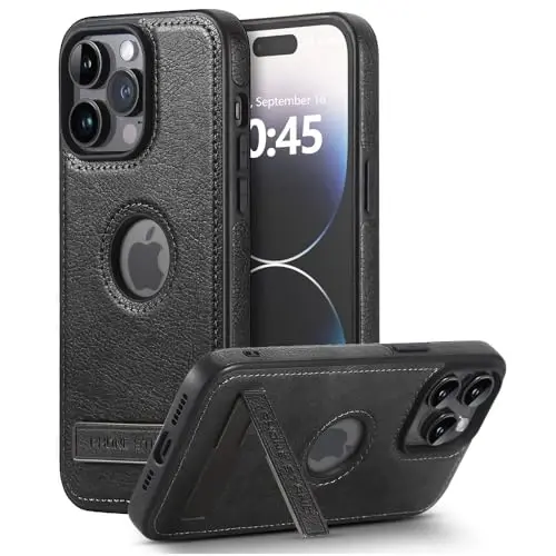 KSELF Leather Case for iPhone 15 Pro Max Case, Thin Flexible Soft Grip Luxury Cover, Protective Slim with Kickstand Shockproof Cases Compatible with iPhone 15 Pro Max 6.7'', Black 