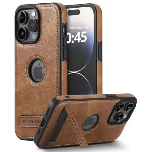 KSELF Leather Case for iPhone 15 Pro Max Case, Thin Flexible Soft Grip Luxury Cover, Protective Slim with Kickstand Shockproof Cases Compatible with iPhone 15 Pro Max 6.7'', Brown - KSELF