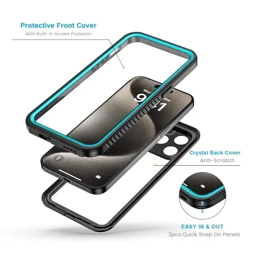 Lanhiem for iPhone 15 Pro Max Case, IP68 Waterproof Dustproof Shockproof Cases with Built-in Screen Protector, 360 Full Body Heavy Duty Rugged Phone Cover for iPhone 15 Pro Max - 6.7 inch (Blue) - 3