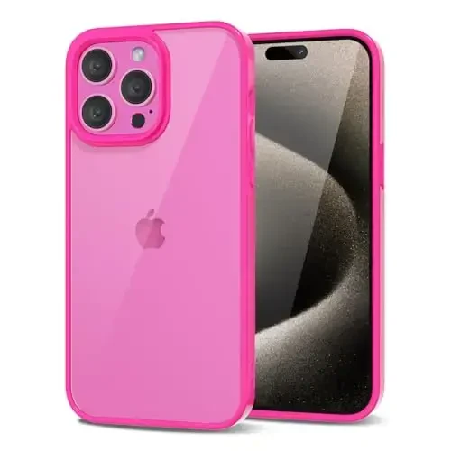 LoeoeL for iPhone 15 Pro Max Case Clear, Transparent Hybrid 15 Pro Max Phone Case [Hard Plastic & Soft Silicone Bumper] Acrylic Non Yellowing Thin Slim Protective Cover for Women, Neon Hot Pink 