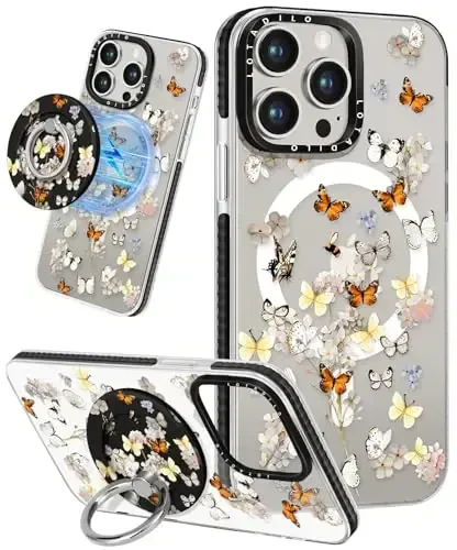 Lotadilo for iPhone 15 Pro Max Case for Women - Cute Kawaii Design Girls Compatible with Magsafe Magnetic Ring Holder Stand Butterfly Flower Phone Covers Aesthetic Girly TPU Funda for 15 Pro Max - LOTADILO