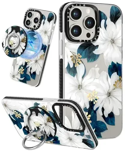 Lotadilo for iPhone 15 Pro Max Case for Women - Cute Kawaii Design Girls Compatible with Magsafe Magnetic Ring Holder Stand Blue Flower Phone Covers Aesthetic Girly TPU Funda for 15 Pro Max - 1