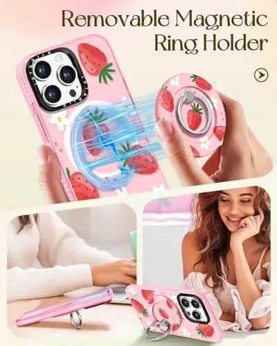 Lotadilo for iPhone 15 Pro Max Case for Women - Cute Kawaii Design Girls Compatible with Magsafe Magnetic Ring Holder Stand Strawberry Flower Phone Covers Aesthetic Girly TPU Funda for 15 Pro Max - 4