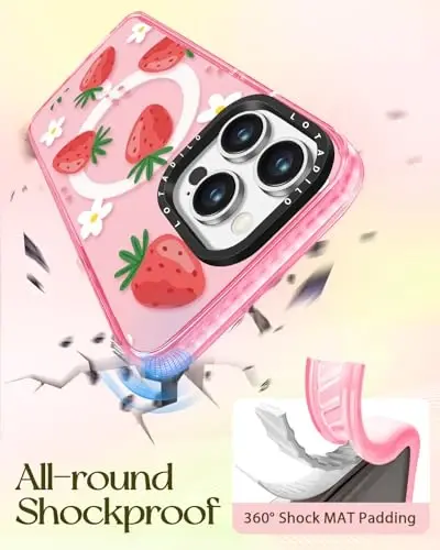 Lotadilo for iPhone 15 Pro Max Case for Women - Cute Kawaii Design Girls Compatible with Magsafe Magnetic Ring Holder Stand Strawberry Flower Phone Covers Aesthetic Girly TPU Funda for 15 Pro Max - 6