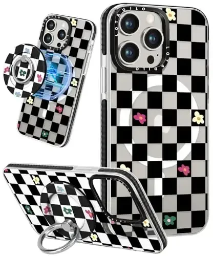 Lotadilo for iPhone 15 Pro Max Case for Women - Cute Kawaii Design Girls Compatible with Magsafe Magnetic Ring Holder Stand Black Flower Phone Covers Aesthetic Girly TPU Funda for 15 Pro Max - LOTADILO