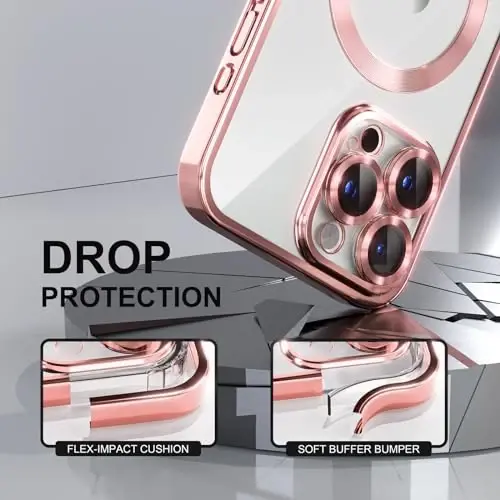 Misea Magnetic for iPhone 15 Pro Max Case with MagSafe [Never Yellowing] [Military Grade Drop Protection] Full Camera Lens Protector Plating Soft Clear Phone Case for Women Girls, Pink - 4