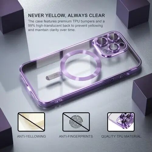 Misea Magnetic for iPhone 15 Pro Max Case Compatible with MagSafe | [Never Yellowing] [Military Drop Protection] Full Camera Lens Protector Plating Soft Clear Phone Case for Women, Deep Purple - 3