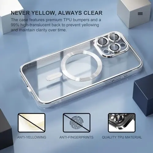 Misea Magnetic for iPhone 15 Pro Max Case with MagSafe [Never Yellowing] [Military Grade Drop Protection] Full Camera Lens Protector Plating Soft Clear Phone Case for Women Girls, Silver - 3