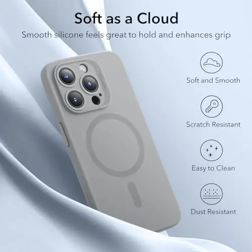 ESR for iPhone 15 Pro Max Case with MagSafe, Supports Magnetic Charging, Slim Liquid Silicone Case, Shock Absorbing, Screen and Camera Protection, Cloud Series, Grey - 6