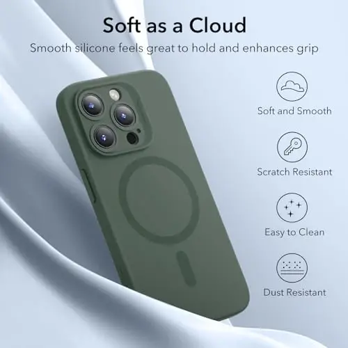 ESR for iPhone 15 Pro Max Case with MagSafe, Supports Magnetic Charging, Slim Liquid Silicone Case, Shock Absorbing, Screen and Camera Protection, Cloud Series, Green - 6