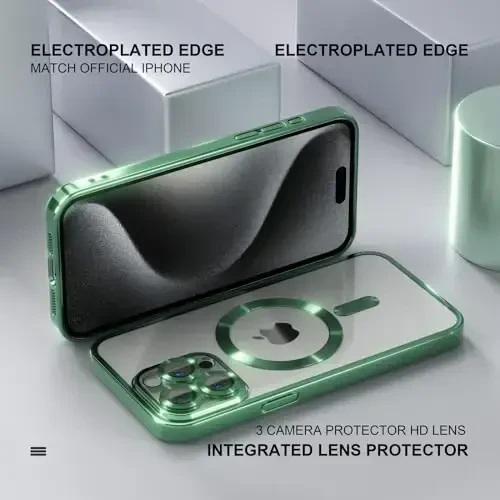 Misea Magnetic for iPhone 15 Pro Max Case with MagSafe [Never Yellowing] [Military Grade Drop Protection] Full Camera Lens Protector Plating Soft Clear Phone Case for Women Girls, Green - 6