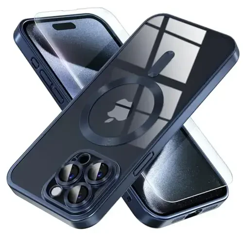 Misea Magnetic for iPhone 15 Pro Max Case [Never Yellowing] [Military Grade Drop Protection] Full Camera Lens Protector Soft Clear Phone Case for Women Girls, Titanium Blue - 1