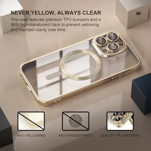 Misea Magnetic for iPhone 15 Pro Max Case [Never Yellowing] [Military Grade Drop Protection] Full Camera Lens Protector Soft Clear Phone Case for Women Girls, Titanium Gold - 3