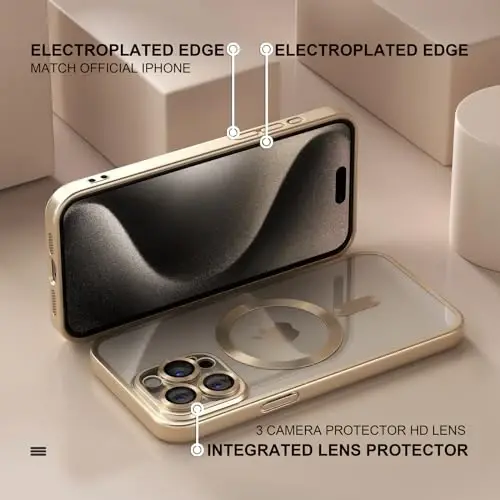 Misea Magnetic for iPhone 15 Pro Max Case [Never Yellowing] [Military Grade Drop Protection] Full Camera Lens Protector Soft Clear Phone Case for Women Girls, Titanium Gold - 6