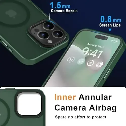 MOCCA Strong Magnetic for iPhone 15 Pro Max Case, [Compatible with Magsafe][13FT Military Drop Protection] Slim Translucent Matte Shockproof Case for iPhone 15 ProMax Case 6.7'', Midnight Green - 5
