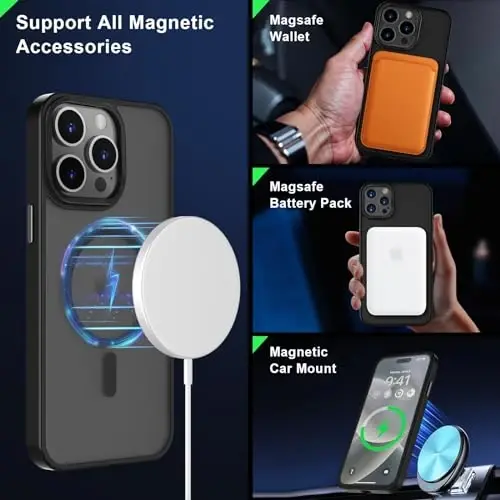 iPhone 15 Pro Max için MOCCA Güçlü Manyetik Kılıf, [Magsafe ile Uyumlu][13FT Askeri Düşme Koruması] iPhone 15 ProMax 6.7'' için İnce Yarı Saydam Mat Darbeye Dayanıklı Kılıf, Siyah - MOCCA (1)