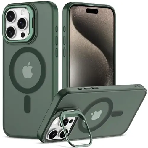 iPhone 15 Pro Max için Nvollnoe Kılıf MagSafe ile Uyumlu Askeri Sınıf Darbeye Dayanıklı Ağır Hizmet Koruyucu Ayarlanabilir Stand Mat Yarı Şeffaf Telefon Kılıfı iPhone 15 Pro Max (Koyu Yeşil) 