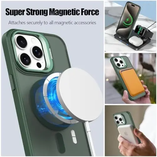 iPhone 15 Pro Max için Nvollnoe Kılıf MagSafe ile Uyumlu Askeri Sınıf Darbeye Dayanıklı Ağır Hizmet Koruyucu Ayarlanabilir Stand Mat Yarı Şeffaf Telefon Kılıfı iPhone 15 Pro Max (Koyu Yeşil) - NVOLLNOE (1)