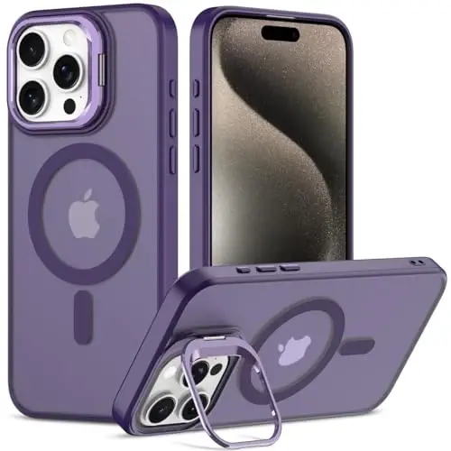 iPhone 15 Pro Max için Nvollnoe Kılıf, MagSafe Uyumlu, Askeri Sınıf Darbeye Dayanıklı, Ağır Hizmet Koruyucu, Ayarlanabilir Standlı Mat Yarı Şeffaf Telefon Kılıfı iPhone 15 Pro Max (Koyu Mor) 
