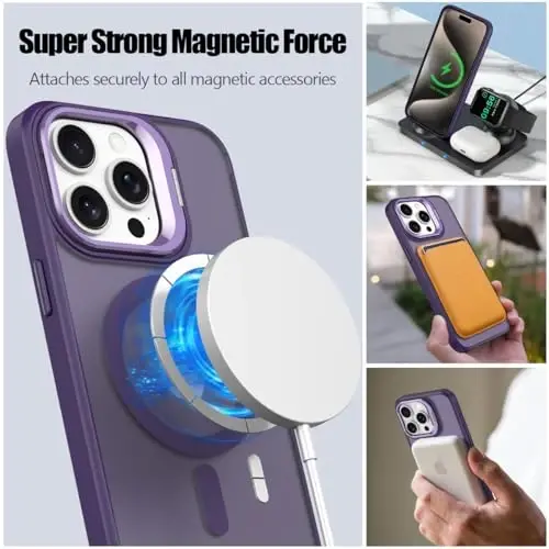 iPhone 15 Pro Max için Nvollnoe Kılıf, MagSafe Uyumlu, Askeri Sınıf Darbeye Dayanıklı, Ağır Hizmet Koruyucu, Ayarlanabilir Standlı Mat Yarı Şeffaf Telefon Kılıfı iPhone 15 Pro Max (Koyu Mor) - NVOLLNOE (1)