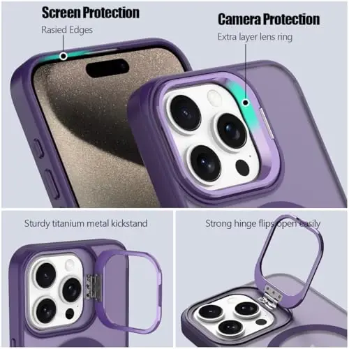 iPhone 15 Pro Max için Nvollnoe Kılıf, MagSafe Uyumlu, Askeri Sınıf Darbeye Dayanıklı, Ağır Hizmet Koruyucu, Ayarlanabilir Standlı Mat Yarı Şeffaf Telefon Kılıfı iPhone 15 Pro Max (Koyu Mor) - 3