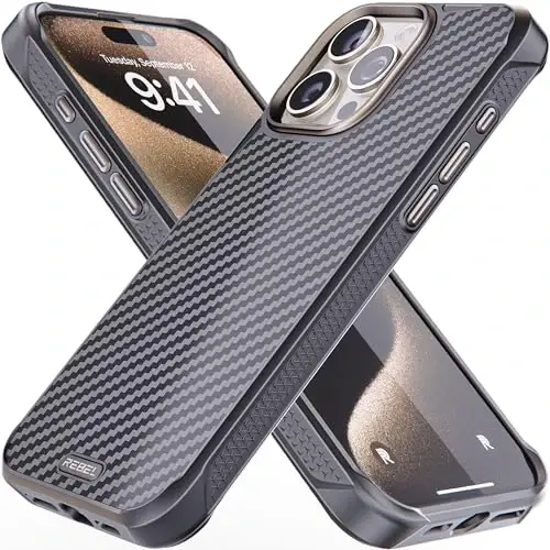 REBEL Case for iPhone 15 Pro Max [Gen-5 Aramid Fiber] Strong MagSafe Compatible, Grippy Sides, Shockproof Corners, Metal Lens + Buttons, Upgraded Protective Design, 6.7 Inch Phone 2023 (Black) - REBEL