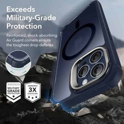 ESR for iPhone 15 Pro Max Case with Stand, Compatible with MagSafe, Full-Body Military-Grade Drop Proof Case with Built-in 9H+ Tempered Glass Screen Protector, Armor Series, Clear Dark Blue - 4