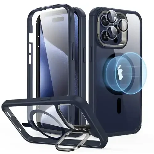 ESR for iPhone 15 Pro Max Case with Stand, Compatible with MagSafe, Full-Body Military-Grade Drop Proof Case with Built-in 9H+ Tempered Glass Screen Protector, Armor Series, Clear Dark Blue - ESR