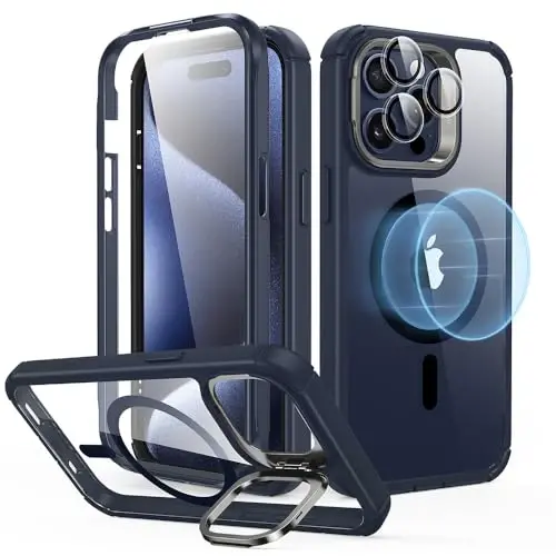 ESR for iPhone 15 Pro Max Case with Stand, Compatible with MagSafe, Full-Body Military-Grade Drop Proof Case with Built-in 9H+ Tempered Glass Screen Protector, Armor Series, Clear Dark Blue 