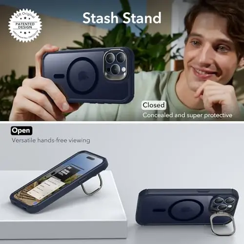 ESR for iPhone 15 Pro Max Case with Stand, Compatible with MagSafe, Full-Body Military-Grade Drop Proof Case with Built-in 9H+ Tempered Glass Screen Protector, Armor Series, Clear Dark Blue - 8