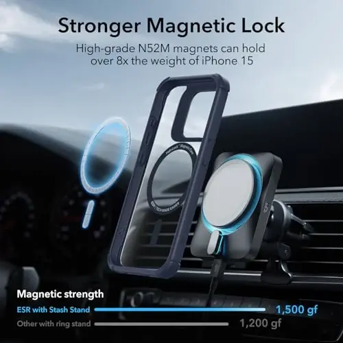 ESR for iPhone 15 Pro Max Case with Stand, Compatible with MagSafe, Full-Body Military-Grade Drop Proof Case with Built-in 9H+ Tempered Glass Screen Protector, Armor Series, Clear Dark Blue - 9
