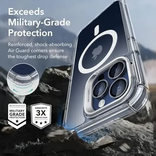 ESR for iPhone 15 Pro Max Case with Stand, Compatible with MagSafe, Full-Body Military-Grade Drop Proof Case with Built-in 9H+ Tempered Glass Screen Protector, Armor Series, Clear - 10
