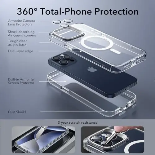 ESR for iPhone 15 Pro Max Case with Stand, Compatible with MagSafe, Full-Body Military-Grade Drop Proof Case with Built-in 9H+ Tempered Glass Screen Protector, Armor Series, Clear - 3