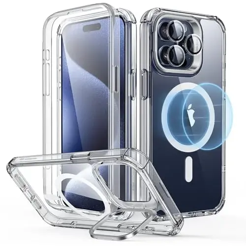 ESR for iPhone 15 Pro Max Case with Stand, Compatible with MagSafe, Full-Body Military-Grade Drop Proof Case with Built-in 9H+ Tempered Glass Screen Protector, Armor Series, Clear 