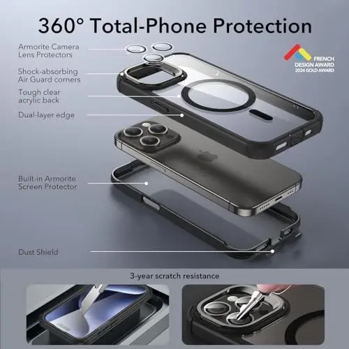 ESR for iPhone 15 Pro Max Case with Stand, Compatible with MagSafe, Full-Body Military-Grade Drop Proof Case with Built-in 9H+ Tempered Glass Screen Protector, Armor Series, Clear Black - 3